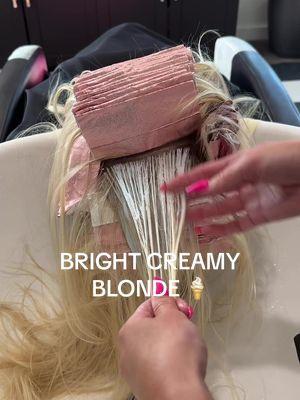 BRIGHT CREAMY BLONDE 🍦 Formula: 9VG 9P 9AA 9AA is my secret weapon- adding a little warmth reflects light and keeps your cool blondes bright #brightcreamyblonde #creamyblonde #brightblonde #hairstylist #blondehaireducation #haireducation #hairtutorial #howto #haircolorist #redkenshadeseq #redkenobsessed #redken #schwarzkopf #blondme #blondelife #hairreels #hairvideos 