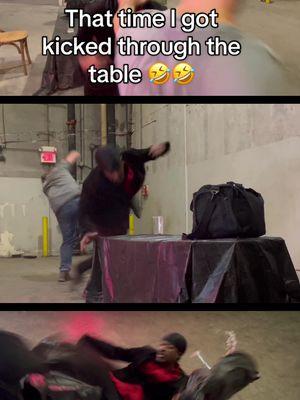 That time i got kicked through the table. 🤣 #actionfilm #okc  New short out now! #kungfufilm  #stuntteam #stunts #okcfilm #martialartsmovie #stuntman 