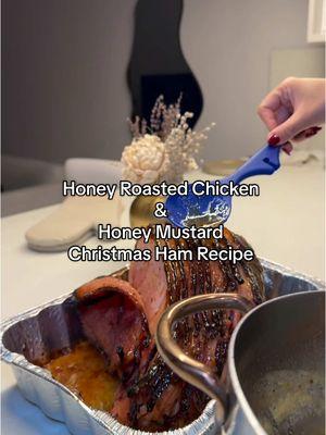 Honey Roasted Chicken & Honey Mustard Ham for Christmas Eve Dinner 🎄🫶🏼  Heres’s some extra details below:  For the chicken I season with All- Purpose Seasoning, salt, black pepper, paprika, garlic powder and onions, pepper, green onions and leave in the fridge overnight. I start by baking 30 mins with foil off, 45 mins with foil covered to produce juices, then i start basting with the honey glaze mixture. After glazing, i’ll do another 30 - 40 minutes in the oven with the foil off.  For the Ham, the creator that I saw make this bomb ham recipe is @dwightsmith . His version is more detailed but after the first layer the ham stays in the oven for 2 hours, glaze with the second layer mixture then leave in the oven for another 10 minutes. The pineappe and cherries on top are options but I want mine to be extra Jamaican 🇯🇲😊  Merry Christmas everyone! 🎄🍾 #christmasrecipe #christmasham #recipesoftiktok #recipesforyou #happyholidays 