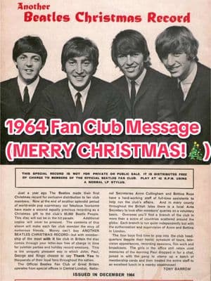 MERRY CHRISTMAS BEATLE PEOPLE!!! This is the 1964 Fan Club Christmas Message (it’s been a very 1964 year indeed…) with a great message from John. I listen to these front to back every single year and it’s amazing to hear how crazy they start to get after a while… going from chirpy funny piano tunes, to Tiny Tim, to near sequels to Revolution 9… LOVE THEM!! Hope everyone has a beautiful time with their friends and family today, many presents and a merry goo year If you would like to hear this complete message simply google “Beatles Christmas Records Archive.org” and you will find them at the top! Essential listen in my opinion #thebeatles #beatles #1964 #xmas #beatleslove #beatlestiktok #christmas #beatlesfans #johnlennon #georgeharrison #paulmccartney #ringostarr 