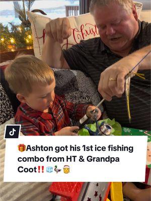 🎁Ashton got his 1st ice fishing combo from HT & Grandpa Coot‼️🧊🦆🎅 #merrychristmas #icefishing #htenterprises #icefish #youthfishing #fishing #fishon #toddler #grandpa #grandson #htent #htice #teamht #cootslures @HT Enterprises Inc 