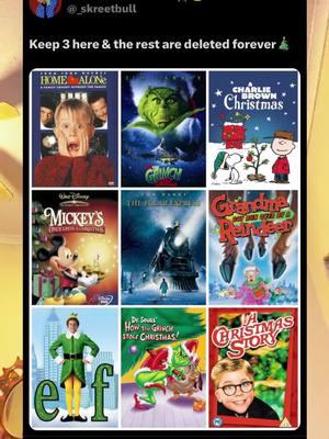 Keep 3 Christmas movies & the rest are gone forever #skreetbull_tha_goat #cartoonshows #cartoons #cartooncharacters #cartoonmovies #homealone #merrychristmascharliebrown #polarexpress #mickeymouse #mickeysonceuponachristmas #grandmagotrunoverbyareindeer #elf #howthegrinchstolechristmas #drseusshowthegrinchstolechristmas #jimcarreygrinch #achristmasstory #christmasnostalgia #early2000schristmas #makemefamous #blowthisup #foryou #fyp 