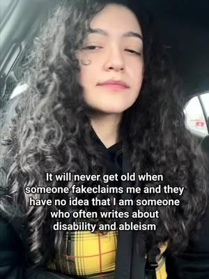 Thanks for the laugh and inspiration! ❤️ [Video: A white Latina with dark, curly hair, sitting in her car, lip syncing to her song. The text says, “It will never get old when someone fakeclaims me and they have no idea that I am someone who often writes about disability and ableism”] #SingerSongwriter #ChronicIllness #DisabledArtist #Disability #InvisibleIllness #IndieArtist #IndieMusic #AltPop #CoolVibes #Inspiration #Silly