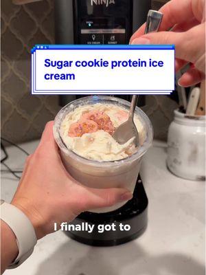 Sugar cookie protein ice cream 😍😍 this was amazing! Here’s the recipe: 1. Fill with milk of choice ~1/2” below fill line (I use half almond milk half fairlife high protein milk) 2. 1-1.5 scoops of @PEScience sugar cookie protein  3. Mix to combine and freeze for 24 hours 4. Spin on lite ice cream 5. Add a splash of milk and respin as needed 6. Add mix ins (I added Trader Joe’s pinks and whites cookies) @Ninja Kitchen  #ninjacreamiproteinicecream #ninjacreamitips #ninjacreamrecipe #ninjacreami #ninjakitchen 