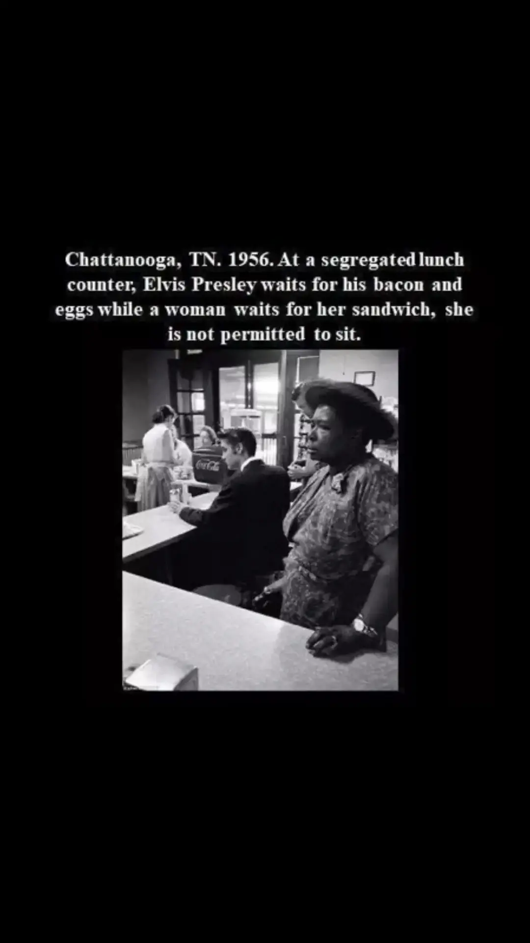 "For whom much is given much is expected" Elvis was in a position to do better at all intersections of his life no matter what. Times were difficult but not eating and demanding that she sit  would have spoke volumes. There are many Elvis lovers and that is great but many know that Elvis spent more time around black people taking our style, music, and moves where he was able to craft an image that took off into mainstream America. This is a true picture but I wonder if at that moment why didn't Elvis boycott the establishment, not eaten there, demanded that the lady be allowed to sit and eat with him, paid for her lunch, said something, etc. It is not easy being the one to take up a fight that is not yours but I always feel - For whom much is given much should be expected in return. #fyp #foryourpage #xyzbca #whereeverwhenever #blacktiktokcommunity #segregation 