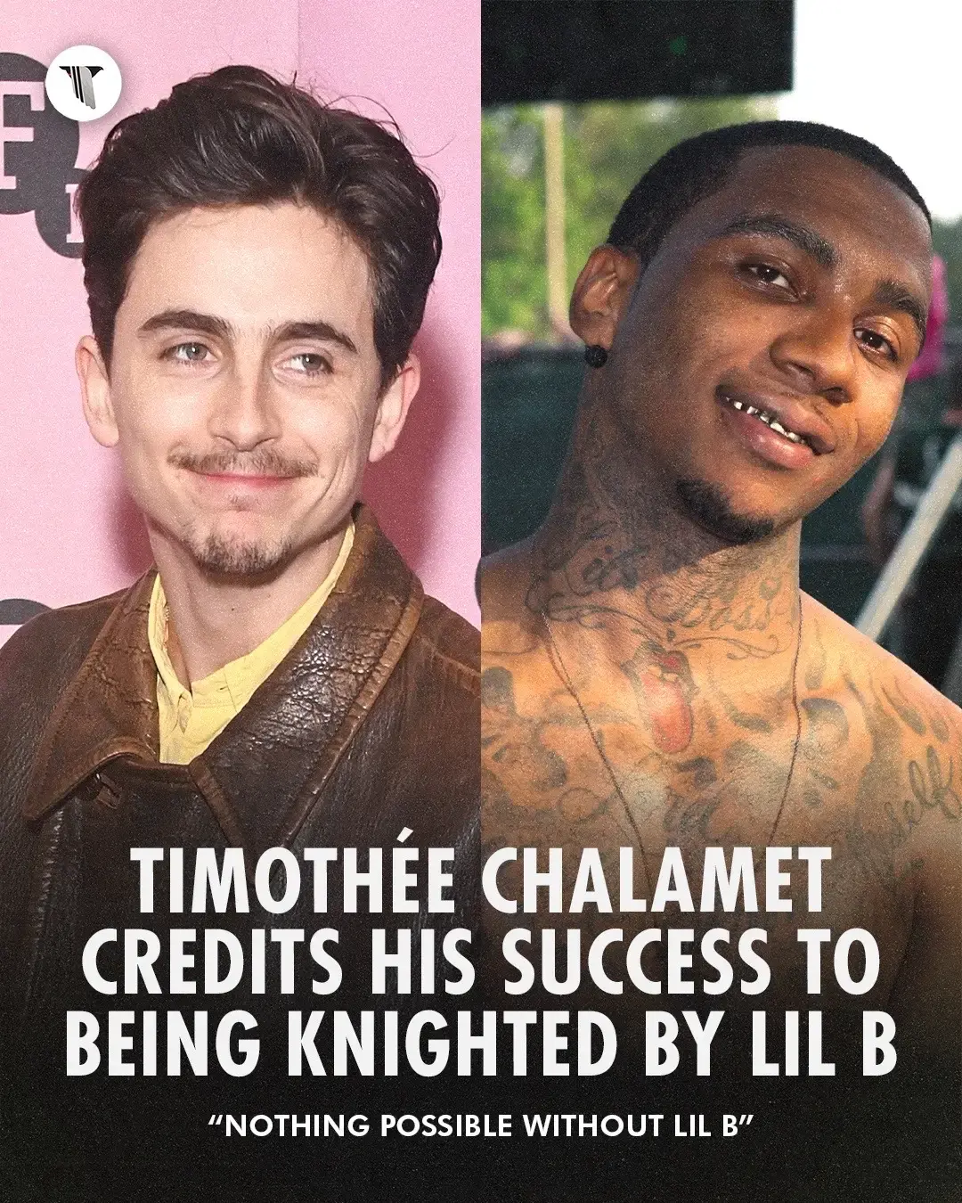 When Timothée Chalamet was 16 years old, he was knighted by Lil B.⁠ ⁠ The encounter took place at an NYU event in 2012. Young Chalamet, a fledgling actor doing commercials at the time, raised his hand and asked to be knighted by the BasedGod. ⁠ ⁠ His request was granted. Since then, everything started working out in Chalamet's favor.⁠ ⁠ "[Lil B] said, 'That boy's hand's been blessed.'" And from there my acting career took off," Chalamet told Nardwuar. ⁠ ⁠ "Thank you BasedGod. I was struggling before that ... Then I was nominated for an Oscar by the time I was 22. Shout out Lil B. Nothing possible without Lil B." #timotheechalamet #lilb #basedgod #chalamet #pigeonsandplanes 