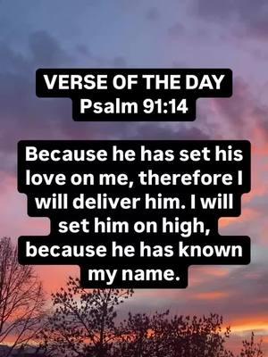 VERSE OF THE DAY  Psalm 91:14  Because he has set his love on me, therefore I will deliver him. I will set him on high, because he has known my name.  #thursdaythought #bible #bibleverse #bibleinspiration #biblestudy #verseoftheday #unstoppablefaith #friendship #stayencouraged #beinspired #JesusChristisLord #dailydevo #motivation #fyp #creatorsearchinsights #christiantiktok #christiantiktokcomunity 