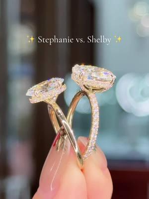 Quick spotlight on two of our most popular styles: The Stephanie & The Shelby 💍 While the two are very similar, The Shelby features extra sparkle with diamond encrusted prongs, creating a more striking side view. For those who prefer something a bit more subdued, we recommend The Stephanie for a great balance of simplicity and sparkle. 💖 Build your own at princessbridediamonds.com ✨ #princessbridediamonds #pbdbling #engagementring #hiddenhalo #yellowgold #huntingtonbeach #orangecounty 