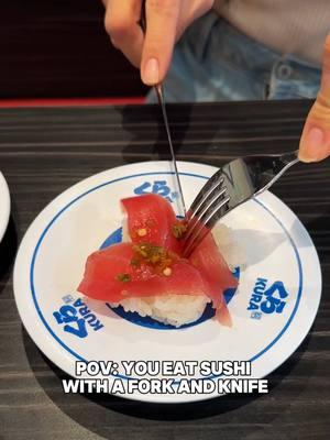 When your friend says that chopsticks are too tricky, so they use a fork and knife! Who else has a bestie that eats 🍣 like this? #kurasushiusa #revolvingsushi #conveyorbeltsushi #rulebreaker