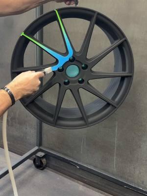 Blue and green color combo on this wheel. Our Flexible Attachments made the two tone part easy. #viral #trending #powdercoat #powdercoating #powdercoatedwheels #coatingsbycoates 