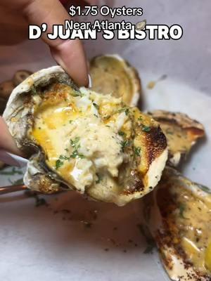 D’Juan’s Bistro @djuansbistro 🦪 Happy Hour special with $1.75 oysters. Baby this place was packed out, that’s how good the oysters are lol. 😋 we got the crab stuffed oysters and jalapeño + bacon ones 😫 They have a wide variety of New Orleans cuisine, friendly wait staff and some FYE 🔥 drinks. Check them out for girls night or date night, highly recommend booking a reservation cuz space is very limited on the inside. #fyp #oysters #djuansbistro #happyhour #atlrestaurants #DinnerIdeas #datenight 