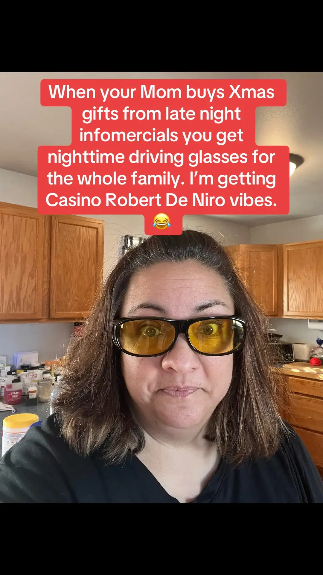 I believe my Mom is becoming Aunt Bethany from Christmas Vacation. 😋 J/k its all in good fun. #christmas2024 #agingparents #auntbethany #sunglasses #sunglassesatnight #70sstyle #nightglasses #nightdriving #funnygifts #christmasgifts 