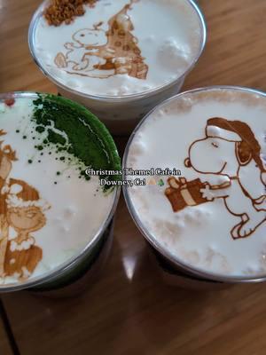 Honey Greens in Downey, Ca! 🎄 - They have cute christmas character designs and honestly the best strawberry matcha I have ever tasted!! 🍵🍓🎄 #christmas #christmascafe #snoopy #hellokitty #thegrinch #california #downeyca #losangeles #losangelescalifornia #socal #christmas2024 #christmassnoopy #christmashellokitty 