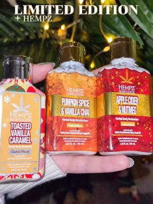 ✨ LIMITED EDITION ALERT ✨   Fall vibes in every bottle! 🍁 Treat your skin to these festive fragrances:   🌟 Toasted Vanilla Caramel   🍂 Pumpkin Spice & Vanilla Chai   🍎 Apple Cider & Nutmeg   Each lotion is enriched with 100% Pure Natural Hemp Seed Oil for ultimate hydration and softness. Perfect for gifting or indulging yourself this holiday season! 🎄   🎁 Grab yours before they’re gone – limited stock!   Lotion, best lotion, viral lotion, affordable lotion, hempz lotion, limited edition, travel-sized lotion   #Hempz #BodyCare #HolidayVibes #LimitedEdition #TikTokShop   #creatorsearchinsights 