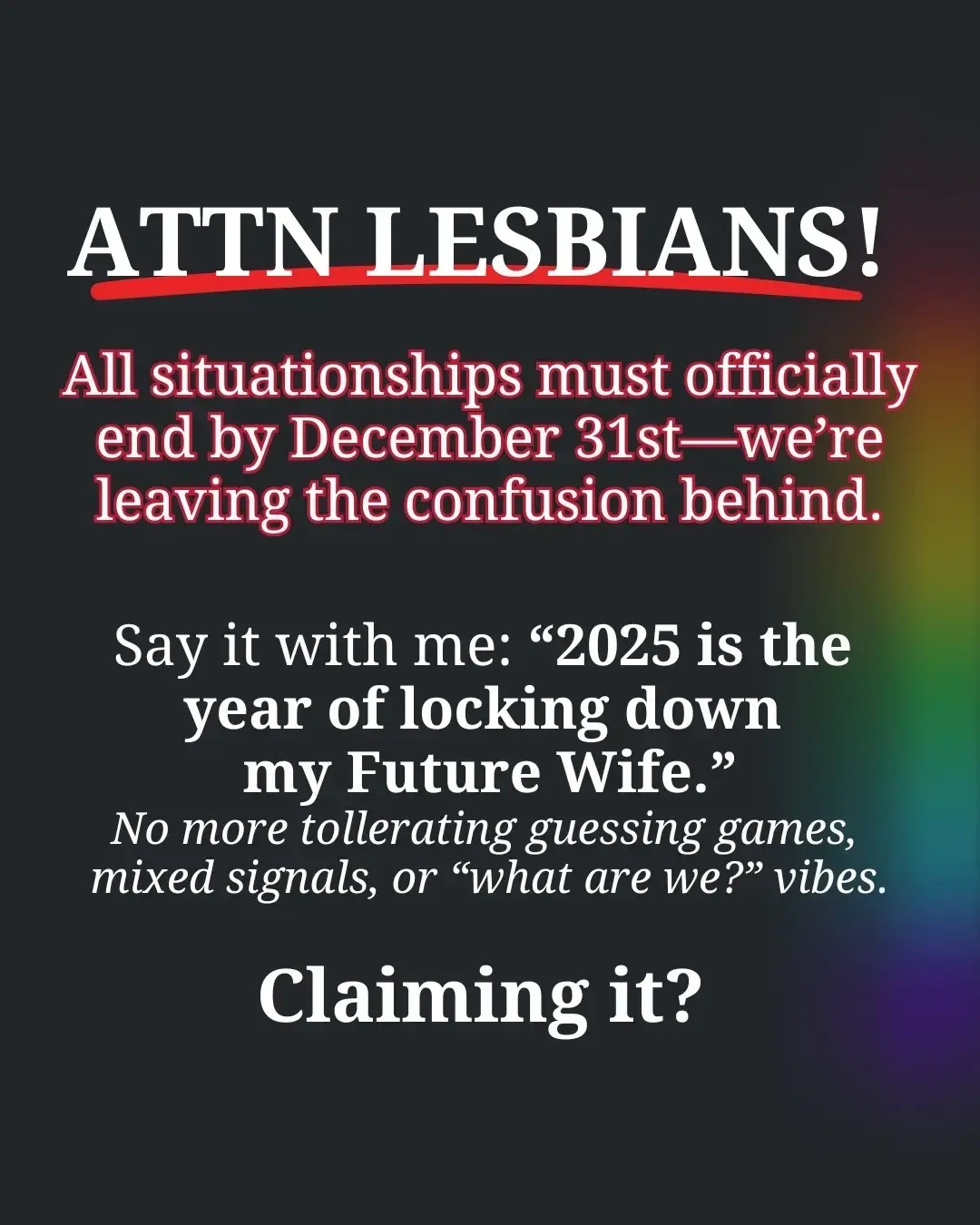 Are you saying no to everyone who is not your Future Wife™?  Are you saying no more guessing games, mixed signals, or “what are we?” vibes? Set some strong boundaries NOW.  #lesbiandating #situationship #wlwdating #lesbiancouplegoals #datingadvice 