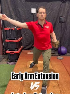 Early Arm Extension vs. Late Arm Extension: What’s Hurting Your Velocity? ⚾💥 ❌ Early Arm Extension: 	•	Arm extends too quickly into a horizontal slot after foot strike. 	•	Leads to: 	•	Arm drag with too much forward trunk momentum. 	•	Quick release with too little forward trunk momentum. 	•	Both scenarios hurt velocity and put unnecessary stress on the arm. ✅ Late Arm Extension: 	•	Delays arm extension to optimize trunk energy transfer into the ball. 	•	Allows for a balance of horizontal and vertical release points, maximizing power and precision. If your mechanics are off, you’re leaving velocity on the table and risking injury. Train smarter to get your arm timing right and dominate on the mound. 🚀 🔗 Learn how to master your arm mechanics at TopVelocity.com #TopVelocity #LateArmExtension #PitchingMechanics #ThrowGas #BaseballTraining #KineticChain #ElitePitcher #ArmHealth #ThrowHard #BaseballDevelopment #TrainSmart 