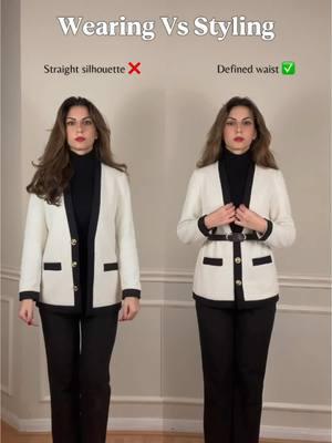 The goal of styling isn’t just to make the outfit look better, but to flatter your body shape better! ✔️ This example works well for hourglass and rectangle body shapes. Other body shapes might reject the straight cut jacket all together and swap for a different cut and length. 👉 I always have to remind myself that the hairstyle is a big part of the look and the wrong hairstyle can really take away from your outfit.  An up-do in this case was perfect to reduce the bulk on the upper half and create a flattering look! P.S I wish I had more tapered pants because that would’ve improved the look further but these do the job for now. Would you like to see styling tips for other body shapes? Let me know below 👇 #wearingvsstyling #bodyshape #elegantstyle #chicstyle #classylook #elegantladies #elegancetips #elegantstyle #elegantoutfits #outfitideas #howtolookexpensive #stylingtips 