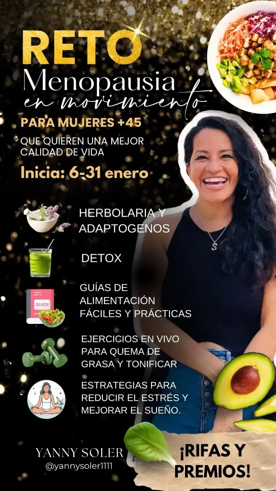 Descubre cómo transformar tu cuerpo y mente con este programa exclusivo para mujeres en menopausia. ¿Qué obtendrás al participar? 	1.	🌿 Herbolaria que empodera tu salud: Aprende a usar remedios naturales para equilibrar tu cuerpo y mejorar tu bienestar. 	2.	💧 Todo sobre detox: Limpia tu organismo con métodos efectivos para sentirte ligera, renovada y llena de energía. 	3.	🍎 Guías de alimentación fáciles y prácticas: Diseñadas especialmente para esta etapa de tu vida, con recetas deliciosas. 	4.	💪 Ejercicios en vivo para quemar grasa y tonificar: Rutinas de bajo impacto que transformarán tu cuerpo desde casa. 	5.	🧘‍♀️ Estrategias para reducir estrés y mejorar tu sueño: Recalibra tu energía diaria con técnicas simples pero poderosas. 📅 Fecha: 6 al 31 de enero 📍 Lugar: En Facebook  Inscripciones únete al grupo de WhatsApp en donde recibirás el enlace 🔗 exclusivo para el Grupo de Facebook 👇🏼 https://chat.whatsapp.com/GMOOYUYh51hBb4ZDalWVSv #menopausia #menopausiafeliz # soyyannysoler # herbolaria # adaptogenos 