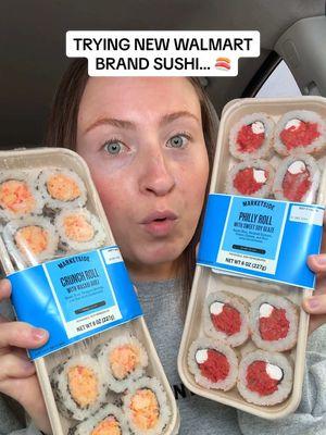 TRYING NEW WALMART BRAND SUSHI … this started off better than it ended 🥴 #sushi #newfood #walmartfinds #sushiroll #tempura #shrimp #smokedsalmon #salmon #seafood #groceryhaul #walmarthaul #walmartshopping #newfoods #newatwalmart #wasabi #soysauce #tastetest #foodreview #foodfind #aioli #snackreview #morganchomps 