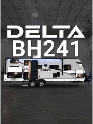 Adventure meets luxury in the Delta Ultra Lite BH241! 🛻✨ 🍳 Cook up your favorite meals with the outdoor grill/griddle combo and keep your drinks cool in the mini fridge. 🛏️ Sleep in style with 2 bunks, a dinette that transforms into a cozy bed, and a spacious bedroom featuring a queen bed and plenty of storage. 🛁 The spacious bathroom is designed for comfort, offering plenty of room to refresh and recharge. 🍔Enjoy a roomy bathroom and a kitchen with loads of counter space, a tip-out trash can, and a drawer with a built-in silverware divider. 📺 Relax in the entertainment area with a 40" TV, fireplace, and a large pantry with pull-out drawers for all your snacks! Ready to explore? This camper has it all. 🌟 Where will it take you? 🚐  #AllianceRV #JointheAlliance #DeltaUltraLite