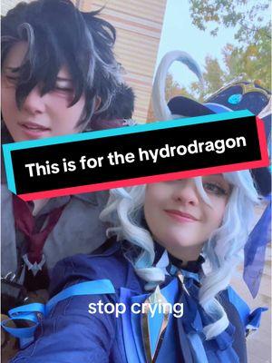 This is a PSA for the hydro dragon- we are wet and cold now stop crying 😭 this was at anime frontier and we got rained on all saturday. Also peep the lore accurate height difference  Wriothesley: @Cactus  Furina me! Rain provided by neuvillette. Thanks neuvillette. #cosplay #genshincosplay #GenshinImpact #wriothesleycosplay #furinacosplay 