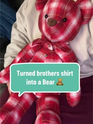 Turning my bro Jeffrey’s shirt into a 🧸 #sentimental #siblingloss #griefjourney #artsandcrafts #teddybear #alicescraftedworld #handcraftedwithlove 