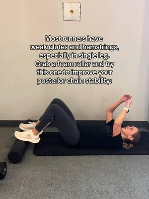 Foam rollers aren’t just for rolling your muscles pre run. They can be used to challenging your stability, especially in the bridge position. This one will make your hammies burn, so to modify just lift your pelvis and glutes up and down (take out the march) #runtok #runningtips #runningcommunity #glutestability #glutestrength #hamstringstability #hamstringstrength #runninginjury #bostonmarathon #marathontraining 