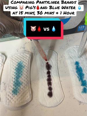 The difference between brands AND between 🐷🩸 vs 💧 are both very telling! The rate of absorption is definitely where we will notice leaking in our human experiences. #period #periodtips #periods #groceryshopping