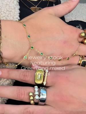 a jewelry stack Featuring  Green and mixed metal  #jewelrystacking #necklacestack #handchain #chunkyjewelry 