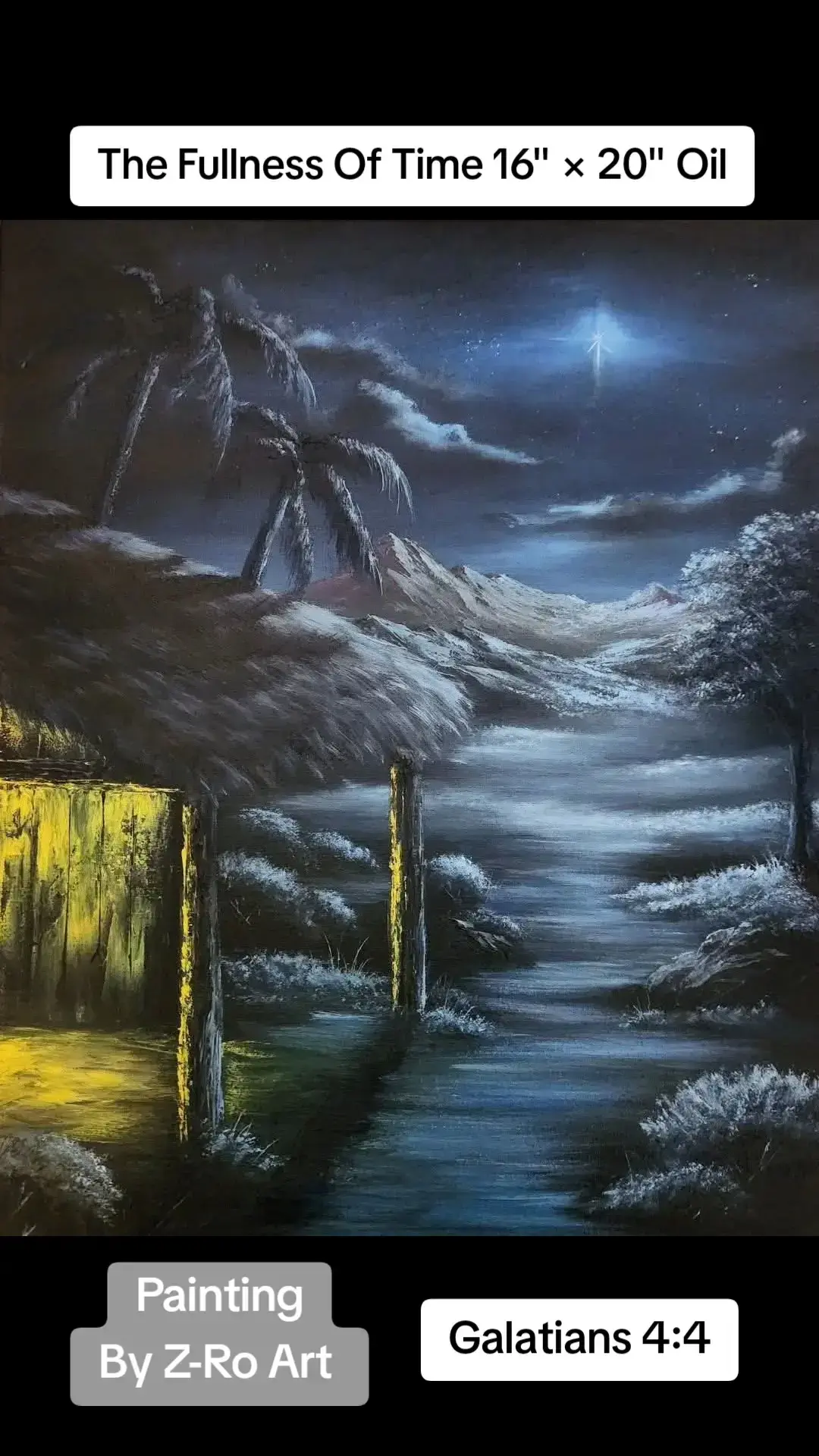 A little late but here's a new 16" × 20" Christmas inspired oil painting on a black canvas titled The Fullness Of Time. This was fun to paint and I look forward to painting something similar again next year. Let me know what you think please.  This painting is available with free U.S. shipping.  Feel free to message me if interested.  I hope you all had a Merry Christmas. All the best and a Happy New Year! ✌️😊🎉 🖤 Z-Ro  The title for this painting was inspired by this Bible verse... Galatians 4:4 But when the fullness of time had come, God sent forth his Son, born of woman, born under the law, #Christ #Jesus #JesusChrist #ChristTheLord #God #holiday #christmas #zroart #happyholidays #merrychristmas #happynewyear #artforsale #artforyourhome #foryou #fyp #tiktok #homedecor #homedecoration #painting #paintings #oil #oilpaintings #supportart #supportartists #thankyou #Godbless 