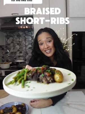 Replying to @Nfmuna ✨Braised Short Ribs This American comfort classic is so delicious and easy to make. And if you ever wanted to try short ribs but couldnt because of the red wine, this recipe is for you!  ❗️the full recipe with tips is on https://shompsz.com/braised-short-ribs-halal/ 🐓 halal chicken broth from @itsactuallyco  🍽️ follow @shompsz for more comfort food recipes  INGREDIENTS  * 2-3 lbs of short ribs  * 3 Tablespoons of Oil * 1 Tablespoon of Salt + 1 Tablespoon of Black Pepper (for the meat) * 1/2 Chopped Onion * 1-2 Chopped Celery Stalks * 1 Chopped Carrot * 1 Tablespoon of Tomato Paste * 1 Teaspoon of Salt  * 1 Teaspoon of Black Pepper * 1 Teaspoon of Thyme or few sprigs of fresh thyme * 1 Teaspoon of Red Chili Flakes * 2 Cups of Pomegranate Juice * 3 Tablespoons of Ketchup * 2 Cups of Beef Broth * 2 Bay Leaves * 1-2 Cups of Baby Potatoes (seasoned with salt and pepper) 1/2 Tablespoon of Cornstarch (for gravy) . . . #braisedshortribs #shortribs #DinnerIdeas #halal 