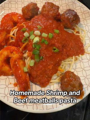 Homemade shrimp and beef meatballs pasta 🍝  #anhsjournal #pasta #meatballs #shrimp #homemade #homecooking #homecooked #eatwithme #mukbang 