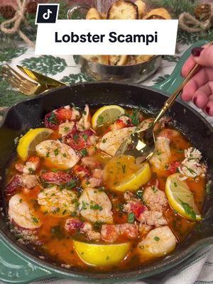 Succulent Lobster Scampi with Garlic Crostini is the appetizer you need to ring into the New Year with 😋😋😋 Ingredients:  1 lbs @lobsteranywhere raw lobster meat (claw and knuckle)  5 tbs butter  2 tbs olive oil  5 garlic cloves, crushed  1/2 cup white wine  1 lemon, juiced  1/2 tsp salt or to taste  Black pepper  1 tbs fresh parsley chopped  2 tsp chives  Garlic rubbed baguette crostini, for serving  Method:  1. Defrost and rinse lobster meat, pat it dry and sauté in 2 tbs olive and 2 tbs butter, season with salt and pepper, cook for a few minutes and set it aside; don’t overcook it or it will get rubbery;  2. Into the same pan, crush some garlic and cook until fragrant, add wine and lemon juice; reduce half way; add the rest of the butter, let it melt, bring lobster meat back into the pan and cook for 1-2 minutes; adjust salt and pepper;  3. Finish with parley and chives; serve with garlic rubbed crostini and enjoy 😋 #lobster #lobsterscampi #seafoodlovers #recipeshare