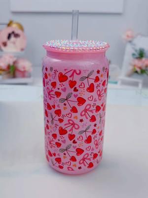 These shimmer glass cans with jeweled lids are perfect for Valentine's Day! @besinsub #sublimation #crafttok #crafttiktok #howto #tutorial 