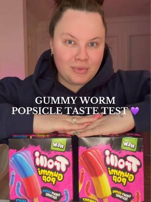 gummy worm popsicle taste test 💜 have y’all tried these yet?! #trolli #candy #candytok #gummyworm #gummyworms #popsicles #new #frozensection #tastetest #walmart #walmartfinds 