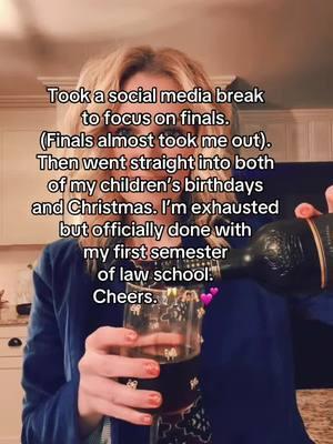 Took a little social media break to focus on law school finals. Then went straight into both of my children’s birthdays the week of Christmas. Then Christmas. I’m exhausted. 😅 Officially done with my first semester of law school! THANK YOU - from the bottom of my heart - thank you for all of the love and support through my first semester of law school. Three more years to go besties. 💕🫶🏼🥂 #lawschool #lawschoollife #lawschooltips #lawschoolthings #lawschooltiktok #lawtok #lawschoolootd #lawschoolstudent #lawstudent #lawstudentlife #momsinlawschool #singlemomsoftiktok 