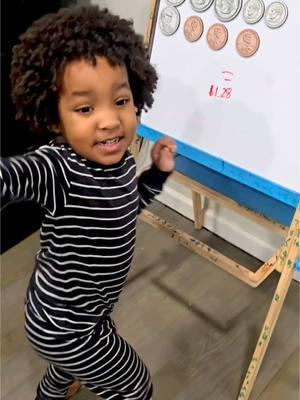 My 3-year-old genius is counting coins like a pro💙🙏🏽🥰 #devanlovesnumbers #babydev   #smarttoddler #math #earlylearning #proudparent #mathwhiz #viralvideo #babydevelopment 