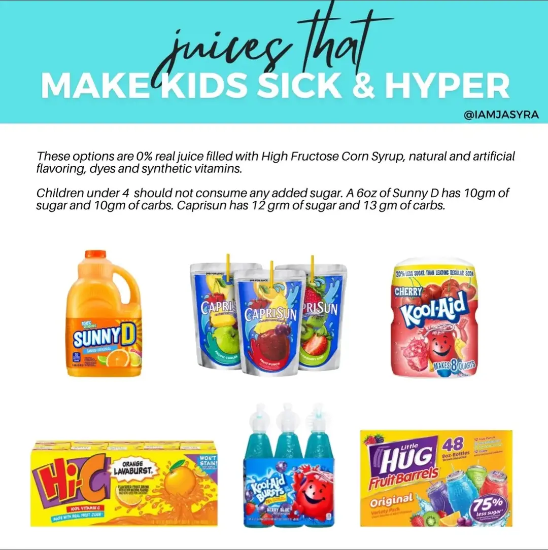 Juice Isn’t Always the Health Hero You Think 🍹🚫 Kids’ juices might seem like a healthy option, but many are loaded with added sugars, artificial dyes, artificial flavors, and minimal nutrients. Let’s break it down: 🚼 Under 1 Year Old: NO juice. Babies should stick to breastmilk, formula, or water (once introduced). Juice offers no nutritional benefits and can harm developing teeth. 👶 Ages 1-3: Max 4 ounces per day. Even 100% juice contains natural sugars, and many juices also include dyes like Red 40 and Yellow 5, which are linked to hyperactivity and allergies. I personally wouldn’t give juice at this age.  👦 Ages 4-6: Limit to 4-6 ounces per day. Opt for water or milk as the main drinks. 💡 The shocking truth: Many juice boxes have 15-20 grams of sugar AND artificial dyes to make them more appealing to kids. That’s like giving them candy water with extra chemicals! For me, I’ve chosen to avoid juice altogether for my daughter, who’s 4 years old and has never had it. I’d rather wait as long as possible before introducing it—and even then, it’ll be sparingly. Better alternatives: ✔️ Infused water (add fruit slices or mint) ✔️ Unsweetened coconut water ✔️ Homemade smoothies with whole fruits (no dyes!) Let’s ditch the sugary, chemical-filled drinks and give our kids what they truly deserve—nourishment that supports their growth and health. 💪✨ #HealthyKids #ReadTheLabel #DyeFreeLiving #ParentingTips