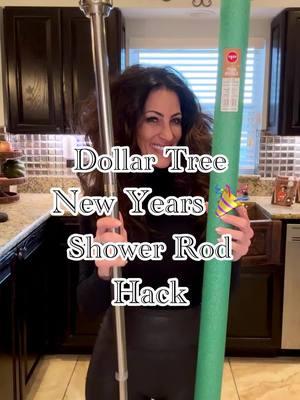 🎉 Bethany’s Dollar Tree New Year’s Shower Rod Hack Whether staying in or hosting a party, this is a fun hack that adds some New Year’s sparkle to the night—wishing you a healthy and prosperous 2025! 🎉🥂🥳 Items needed from DT: -1 foam noodle -silver/gold tinsel garland x 3 -1 package of party horns -champagne poppers x 6 -1 package champagne glasses -1 package foil tiaras -1 package of beaded necklaces -Once the foam noodle is placed on the shower rod, wrap the noodle with tinsel garland and tuck the edges under the noodle flap.  Hot glue pieces of a wooden skewer to horns, poppers, glasses, and tiaras and pop them into the pool noodle.  -Drape with beads and Enjoy!  #bethanyscasa #dollartree @dollartree #newyeardecor #newyeardecorations #dollartreedecor #dollartreediy #happynewyear 