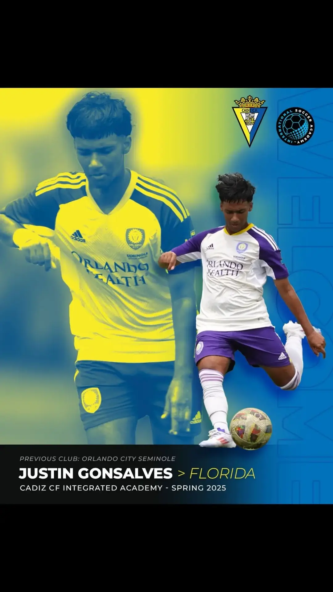 International Soccer Academy is proud to WELCOME Justin Gonsalves to our outstanding Integrated Academy at Cádiz CF @cadizclubdefutbol. Justin played for Orlando City Seminole @orlandocitysc in Florida and is excited to join his teammates in Spain on January 15th to play for a pro La Liga Academy! #Welcome #internationalsocceracademy #Soccer #CadizCF #YouthSoccer #YouthSoccerPlayer #Congratulations #Dedication #LaLiga #footballskills #SoccerTraining #Futbol #OrlandoCity