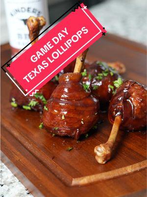 Texas Lollipops are the perfect game-day snack! 🏈 I’m so stoked to watch the @Kinder's Flavors Texas Bowl on Tuesday and these Texas Lollipops are what I’m serving up! Nothing beats juicy chicken wrapped in bacon and dunked in the most delicious Hickory Brown Sugar BBQ Sauce! #KindersPartner #TasteOfKinders #texasbbq #chickenlollipops #smokedchicken