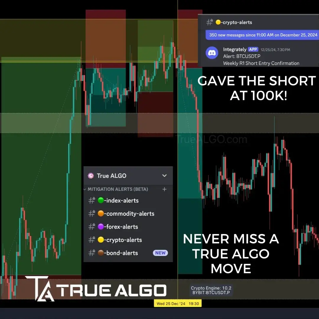 🔥 True Algo Crypto Plan is BACK – Now on Sale! 🔥 🚨 20% OFF 3-Month Crypto Plan 💥 50% OFF VIP Annual Plan What’s Included? ✅ Over 100 Customized Crypto Assets ✅ 24/7 Alerts – Never Miss a Move ✅ Daily Live Stream Coaching during NYSE (5 Days a Week!) ✅ No Hindsight. No Repainting. Just Real, Actionable Strategy 🔑 December 25th Short Alert Example: Called the Short at 100K while others were longing – our members were profiting with the True Algo Difference! 🎯 Whether you trade crypto, futures, or commodities, True Algo is your ultimate edge. Don't miss this opportunity to level up your 2025 trading! 👉 Grab the Sale Before It’s Gone! #TrueAlgo #CryptoTrading #AlgoTrading #CryptoAlerts #TradingStrategy #btc 