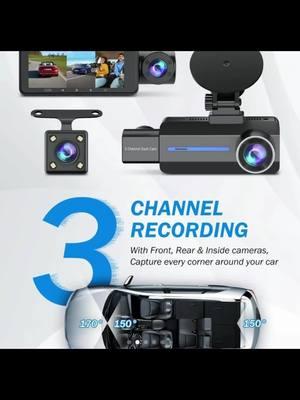 #3Channel #2.5K #DashCam,#1440P #Front #Rear #Inside, #Triple #Car #Camera #32GB #Card, #GSensor, #170Wide #Angle,#Loop #Recording, #IR #Night #Vision, #Blue #GOOTOPINC