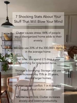 Do you feel overwhelmed by your stuff? You're not alone! These 7 shocking stats might just change the way you look at the clutter in your life. ➡️Which stat surprised you the most? Let me know below! #DeclutterYourHome #MinimalistLiving #OrganizedLife #ClutterFree #SimpleLiving #simplifiedhome #clutterfree #decluttertips #declutteredhome #simplifyyourspace #declutterfact #overwhelminghome #motherhood #overstimulated #parenting #mumhumour #mumsofinstagram #messyhome #easytoclean #simplehome #simpleliving #simplehomestyle #simplifyyourspace #declutteryourlife #letgo