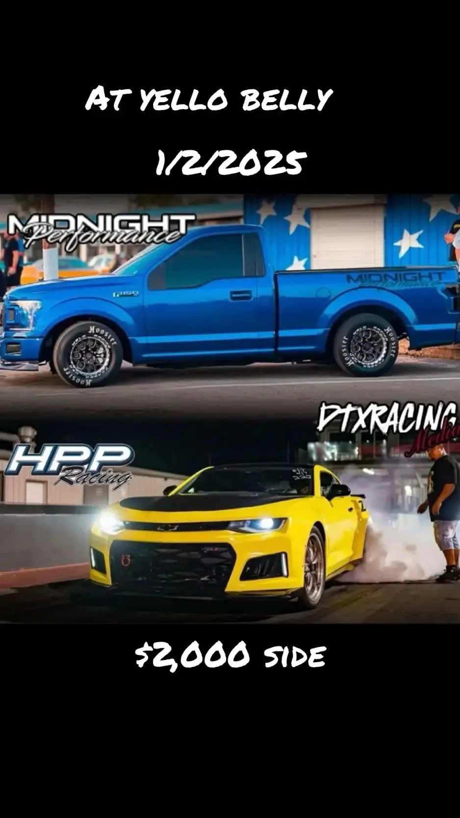 @Danny vs Camaro zL1 #midnightperformance #fyp #nitrousexspress #yellobellydragstrip #thehoodtrack #camarozl1 