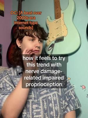 proprioception is the sixth sense! it’s essentially a sense of where your body is in your surroundings— and it goes hand in hand with interoception, which is the sense of your internal body states such as pain, hunger, or the need to urinate. having polyneuropathy for me means that i experience pain, numbness, autonomic dysfunction, and as described in this video, a disturbed perception of where my body is and how to get it to do what i want. this makes dancing, walking on uneven terrain, navigating tight spaces, and many other things difficult. DISCLAIMER: please talk to your doctor if you are concerned about your symptoms and do not diagnose yourself based solely on this video. if this video makes you wonder about yourself, i encourage you to research through these sources to prepare data for your doctor: NIH, drugbank, and StuffThatWorks. the last resource is sometimes anecdotal, so be cautious with that one! VD: Text, “how it feels to try this trend with nerve damage-related impaired proprioception.” Levi is an olive toned ivory skinned person with curly dark brown hair styled in a mullet. They use their hands to mime a box shape around themselves and beat at the walls of the metaphorical box with their fist. Several attempts at motion are staggered, off beat, or inaccurate in placement. End VD. #Access #Disability #ChronicIllness #Proprioception #Interoception  #Polyneuropathy #CRPS #ComplexRegionalPainSyndrome #AMPS #AmplifiedMusculoskeletalPainSyndrome 