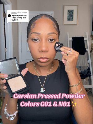 Replying to @Cue The Culture  This Press Powder  keeps your foundation on all day & it looks natural.  This review is for the girls who want or have a golden tone. Colors G01 & N01 are both tan & I explain them each.  @carslan_us  #carslan #carslanpowder #settingpowder #loosepowder #waterproofmakeup #makeuphacks 