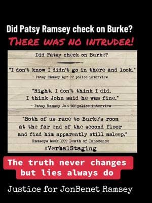 Did Patsy Ramsey check on Burke? There was NO INTRUDER! The truth never changes, but lies always do. JonBenet Ramsey deserves justice #justiceforjonbenet #jonbenetramsey #truecrime #truecrimecommunity #truecrimetok #truth #justice #patsyramsey #johnramsey #burkeramsey #investigation #coldcase #unsolved #fyp #fypシ 