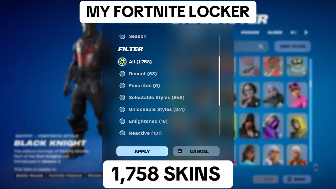 This is my Fortnite locker as of today. I have 1,758 Skins 935 Emotes 1,467 Back Blings 523 Gliders 1,172 Pickaxes 35 Shoes 38 Cars 367 Jam Tracks 179 Lego pieces and I am only missing 13 Emotes #fortnite #fortnitelocker #fortniteemote #ogfortnite 