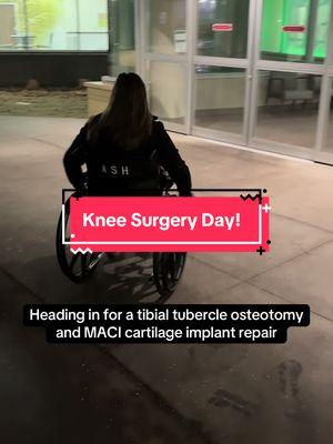 I have an incomplete T6 spinal cord injury and needed to have knee surgery to decrease pain and help with ease of transfers, general mobility, strength building, and ambulation (walking).  The MACI surgery takes your own harvested cartilage cells, regenerated in a lab, and implants them into the defect or “pothole” as my surgeon referred to it.  The tibial tubercle osteotomy is where they cut off the top part of your tibia where the tendon is connected and slightly move it over and screw it back in. This offsets the weight and pressure in your knee to hopefully protect the knee cartilage from getting constant pressure applied to it.  The recovery is 6-8 weeks in a straight-leg brace with 2-3 weekly PT sessions. Technical recovery time is 6-12 months 🙃 for an able-bodied person which, unfortunately, I am not.  In March of 2022, I suffered an unprovoked burst fistula (weak artery) that compressed my spinal cord causing a T6 incomplete spinal cord injury. It is considered incomplete because I do have some sensation and muscle return in my legs. My left leg has less return and is significantly weaker than my right. 6 months after my SCI and rehabilitation, I had a fall after pool therapy causing a Grade 4 tear in my cartilage. I had that scoped in Dec 2022 and they harvested cartilage knowing I’d most likely need a MACI implant repair surgery.  #macisurgeryrecovery #tibialtubercleosteotomy #kneesurgery #kneepain #spinalcordinjury #ambulatorywheelchairuser 